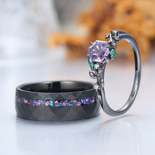 Band met tarwepatroon natuurlijke amethist verlovingsringen voor stellen 925 sterling zilver en zwarte wolfraam bijpassende ringen