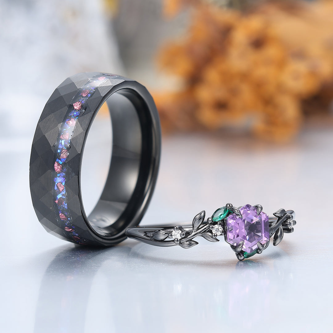 Band met tarwepatroon natuurlijke amethist verlovingsringen voor stellen 925 sterling zilver en zwarte wolfraam bijpassende ringen