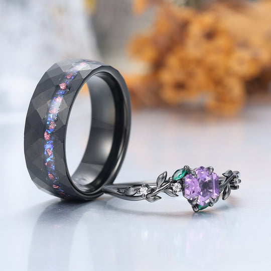Band met tarwepatroon natuurlijke amethist verlovingsringen voor stellen 925 sterling zilver en zwarte wolfraam bijpassende ringen