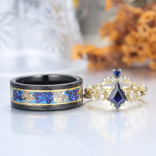 Kite Cut Blue Sapphire Ring Set His And Hers Wedding Bands Tungsten Matching Rings for Couples