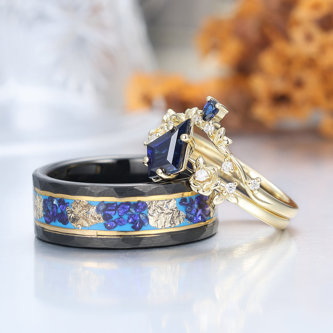 Kite Cut Blue Sapphire Ring Set His And Hers Wedding Bands Tungsten Matching Rings for Couples