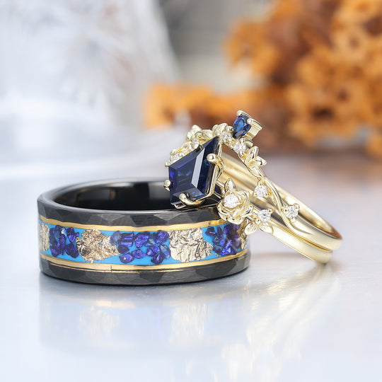 Kite Cut Blue Sapphire Ring Set His And Hers Wedding Bands Tungsten Matching Rings for Couples