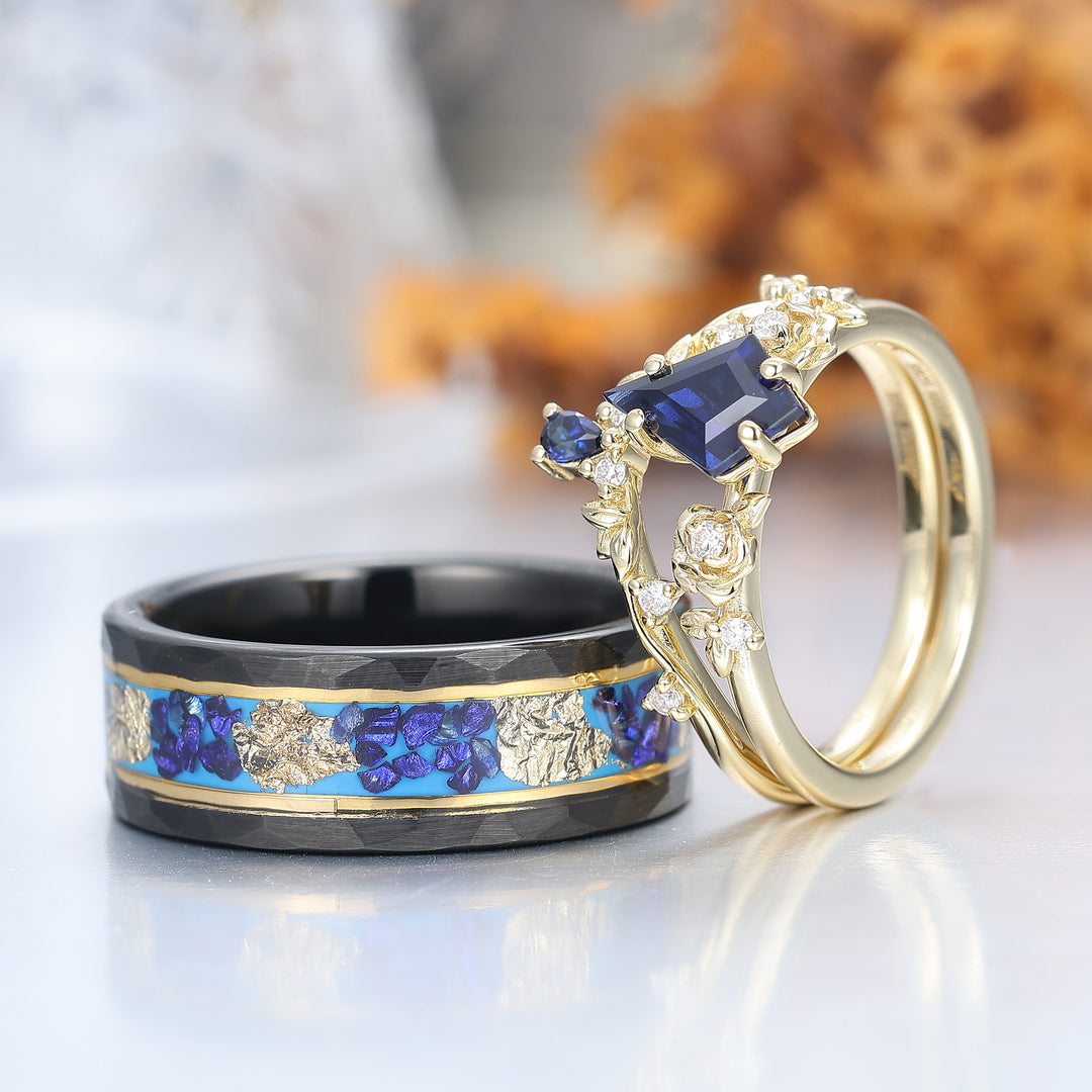 Kite Cut Blue Sapphire Ring Set His And Hers Wedding Bands Tungsten Matching Rings for Couples