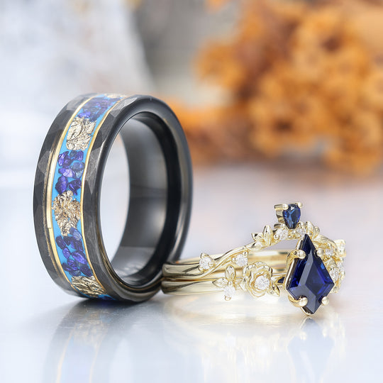 Kite Cut Blue Sapphire Ring Set His And Hers Wedding Bands Tungsten Matching Rings for Couples