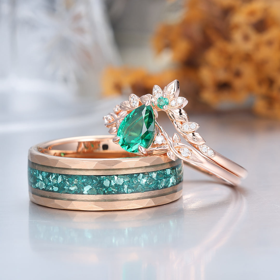 Bladgeïnspireerde peervormige smaragd bijpassende ringenset exquise smaragd zilver en wolfraam stelringen