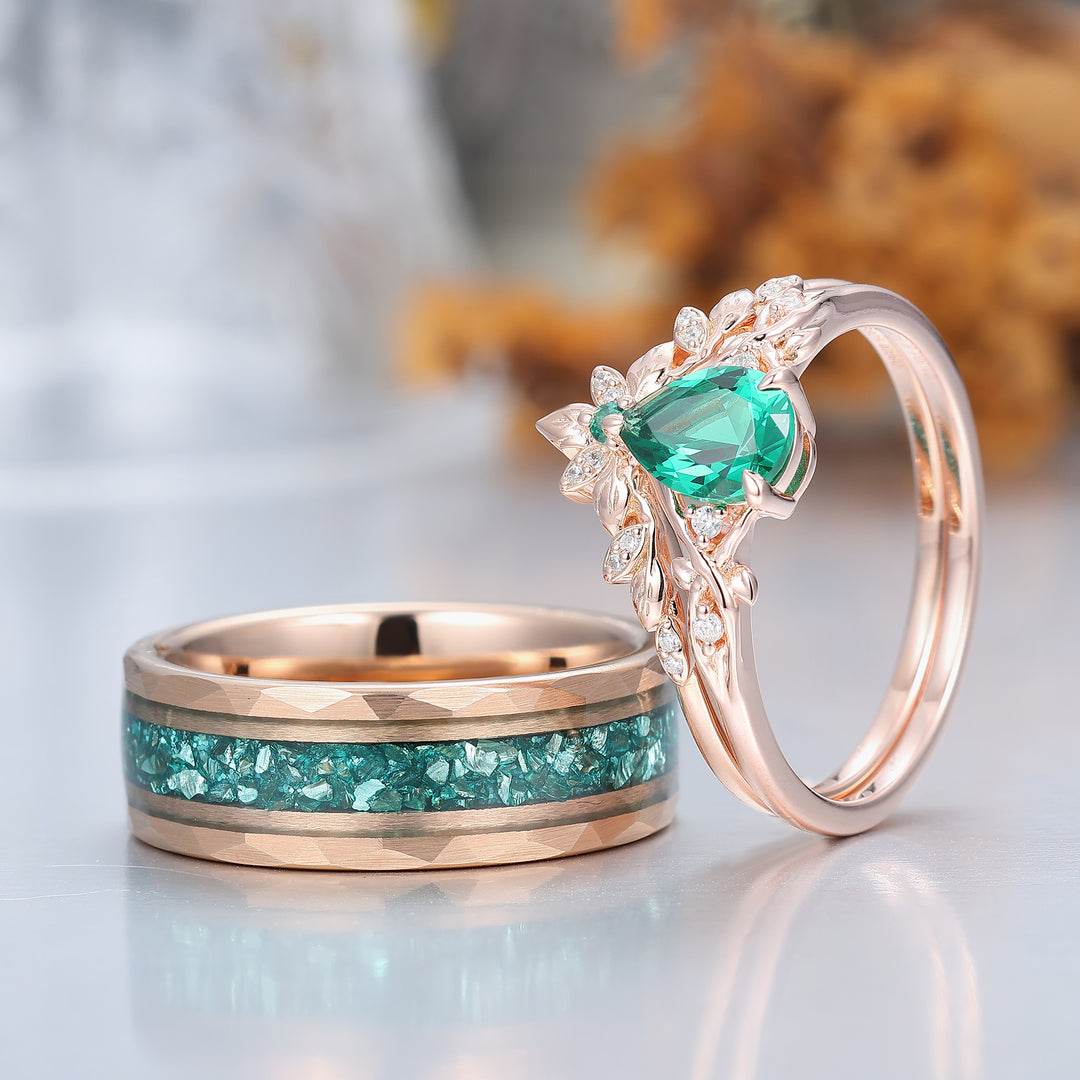 Bladgeïnspireerde peervormige smaragd bijpassende ringenset exquise smaragd zilver en wolfraam stelringen