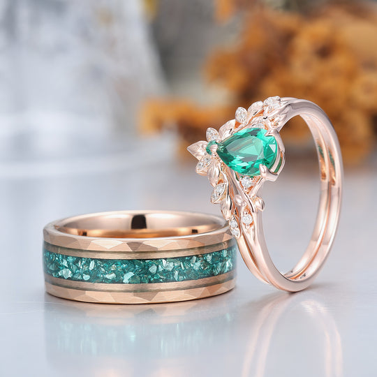 Bladgeïnspireerde peervormige smaragd bijpassende ringenset exquise smaragd zilver en wolfraam stelringen