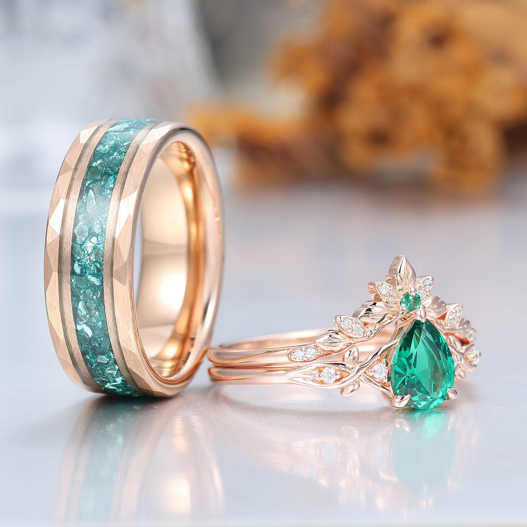 Bladgeïnspireerde peervormige smaragd bijpassende ringenset exquise smaragd zilver en wolfraam stelringen
