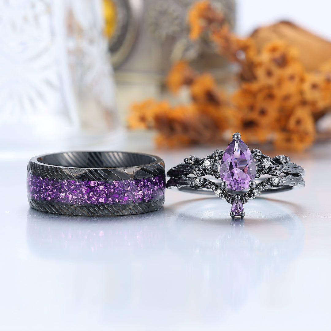 Personalized Pear Cut Purple Amethyst Matching Ring Set Twig Leaf Shape Amethyst Couples Ring
