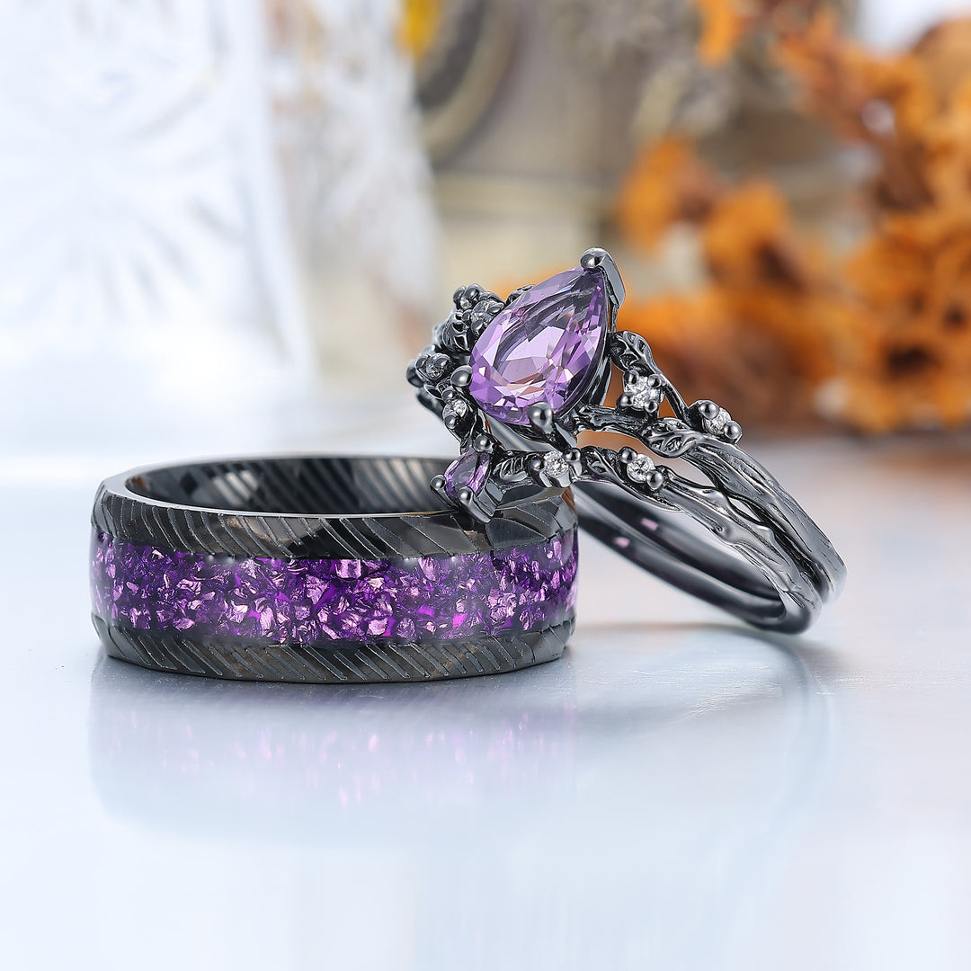 Personalized Pear Cut Purple Amethyst Matching Ring Set Twig Leaf Shape Amethyst Couples Ring