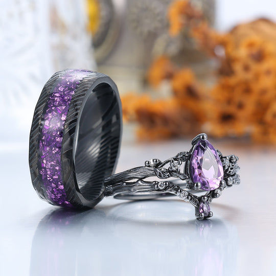 Personalized Pear Cut Purple Amethyst Matching Ring Set Twig Leaf Shape Amethyst Couples Ring