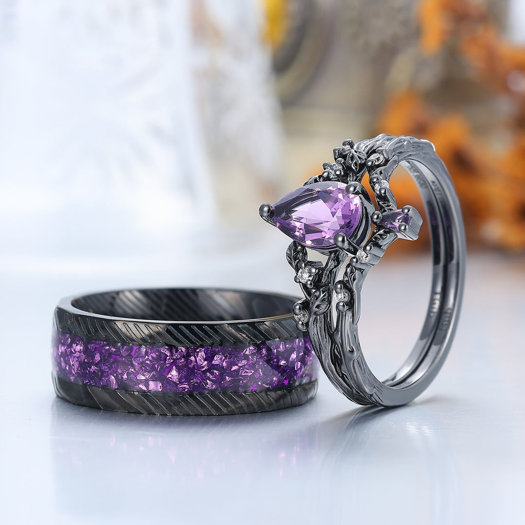 Personalized Pear Cut Purple Amethyst Matching Ring Set Twig Leaf Shape Amethyst Couples Ring