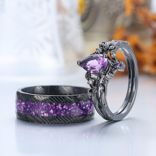 Personalized Pear Cut Purple Amethyst Matching Ring Set Twig Leaf Shape Amethyst Couples Ring