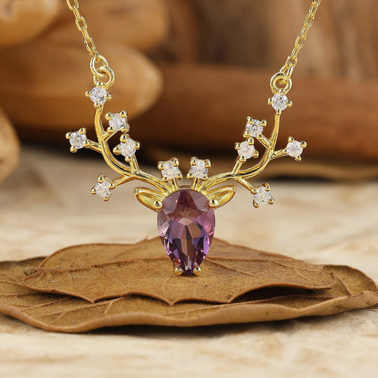 Minimalist Deer Antler Pear Cut Natural Moss Agate Pendant 14K Rose Gold Necklace For Her