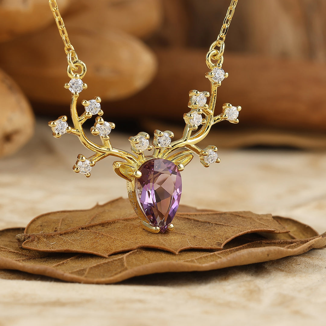 Minimalist Deer Antler Pear Cut Natural Moss Agate Pendant 14K Rose Gold Necklace For Her