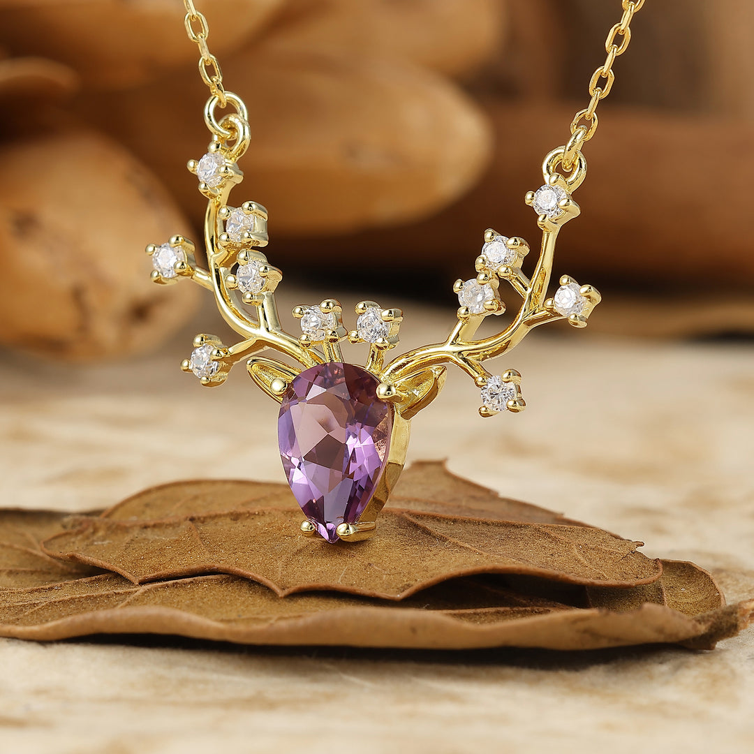 Minimalist Deer Antler Pear Cut Natural Moss Agate Pendant 14K Rose Gold Necklace For Her