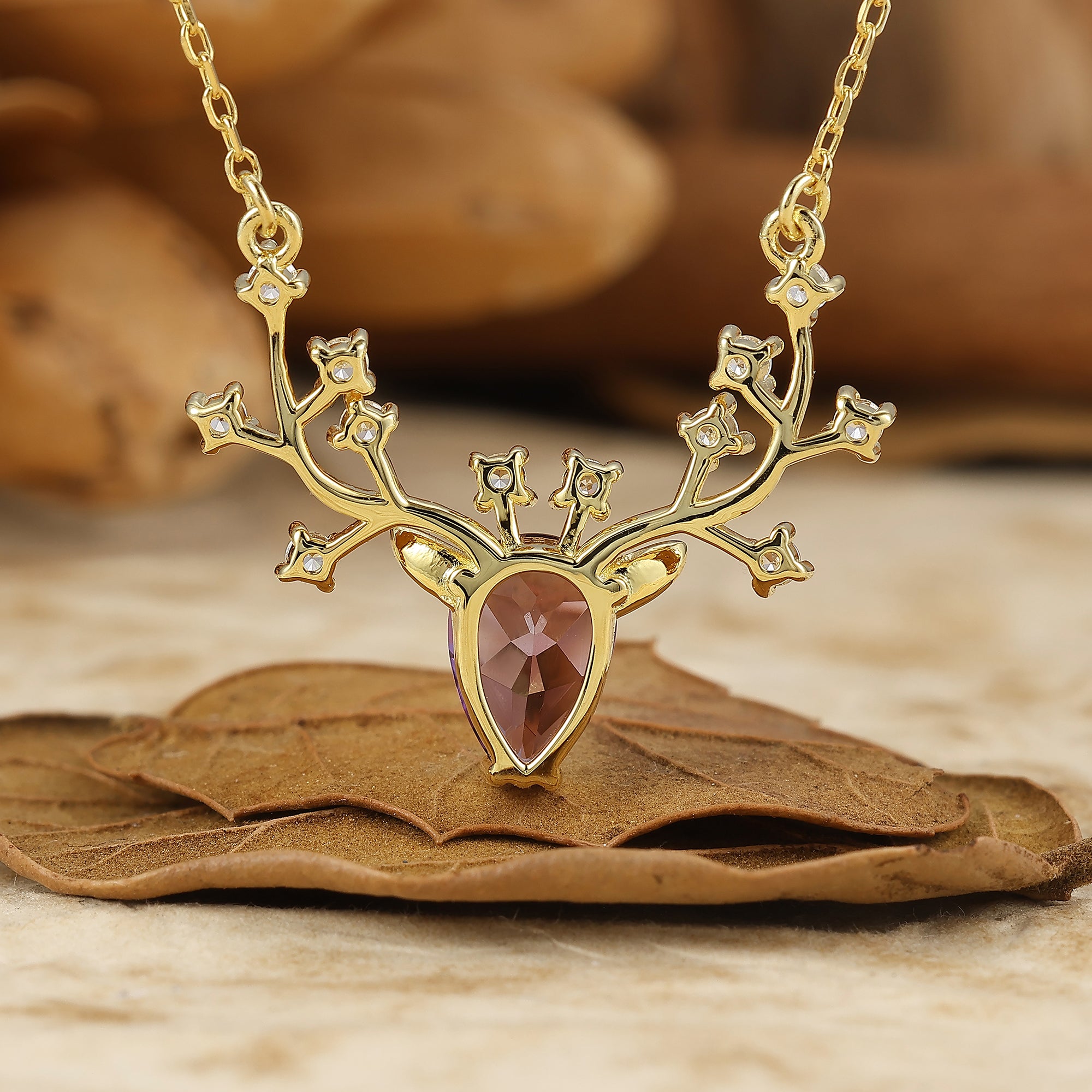 Reindeer Antler Pear Cut Natural Amethyst Pendant Necklace