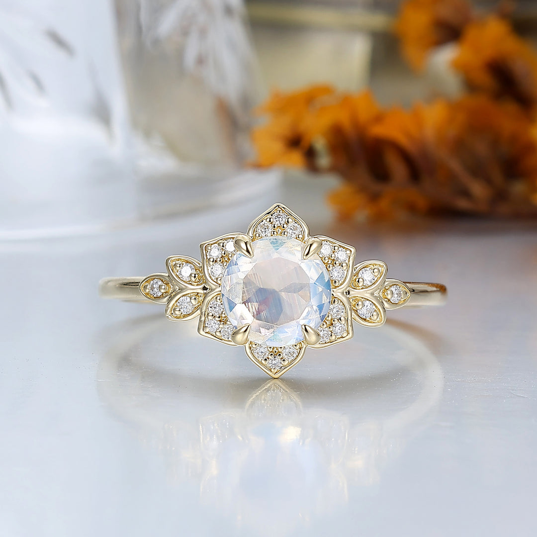 1.25CT Round Cut Moonstone Engagement Ring Cluster Moissanite Ring