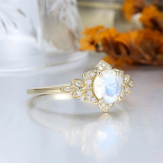 1.25CT Round Cut Moonstone Engagement Ring Cluster Moissanite Ring