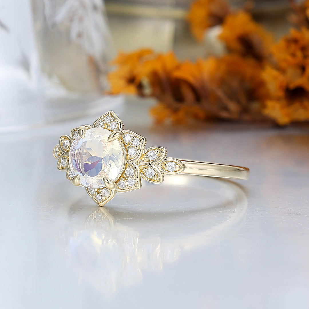 1.25CT Round Cut Moonstone Engagement Ring Cluster Moissanite Ring