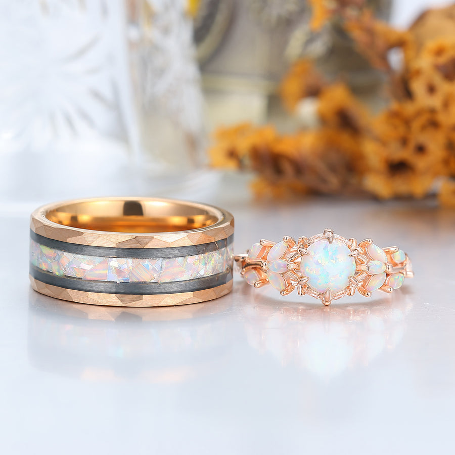 Elegante conjunto de anillos de compromiso de ópalo blanco y rosa para pareja, alianzas de boda para él y para ella