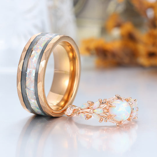 Elegante set verlovingsringen met roze-witte opaal voor koppels — zijn en haar trouwringen