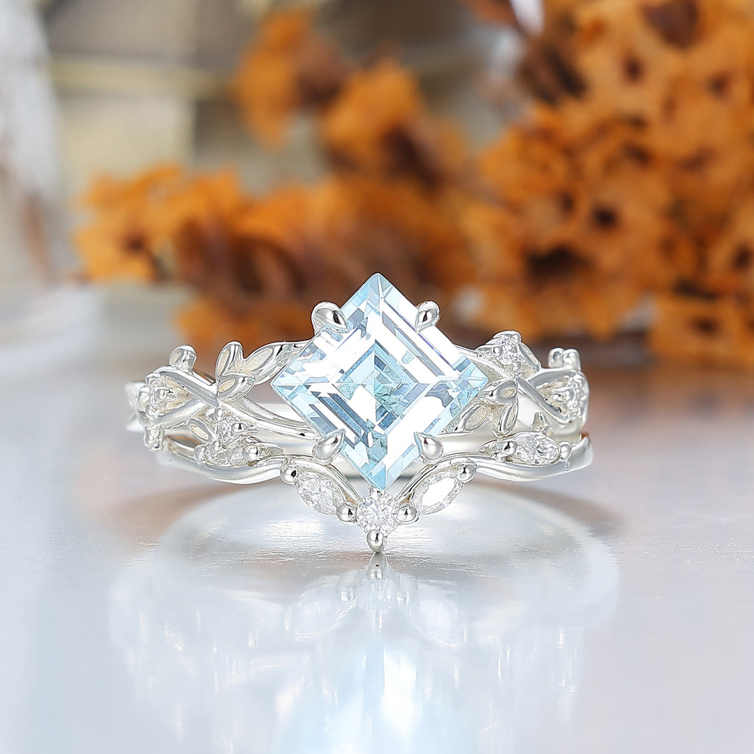 2CT Princess Cut Aquamarine Engagement Ring Set Women Dainty Anniversary Ring Set