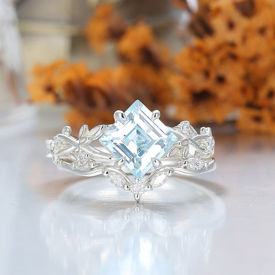 2CT Princess Cut Aquamarine Engagement Ring Set Women Dainty Anniversary Ring Set