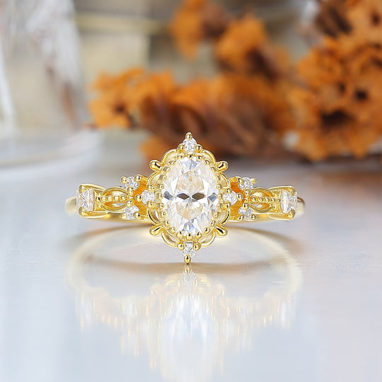 Baroque-inspired Oval Shaped Moissanite Floral Engagement Ring Milgrain Rose Gold Bridal Ring