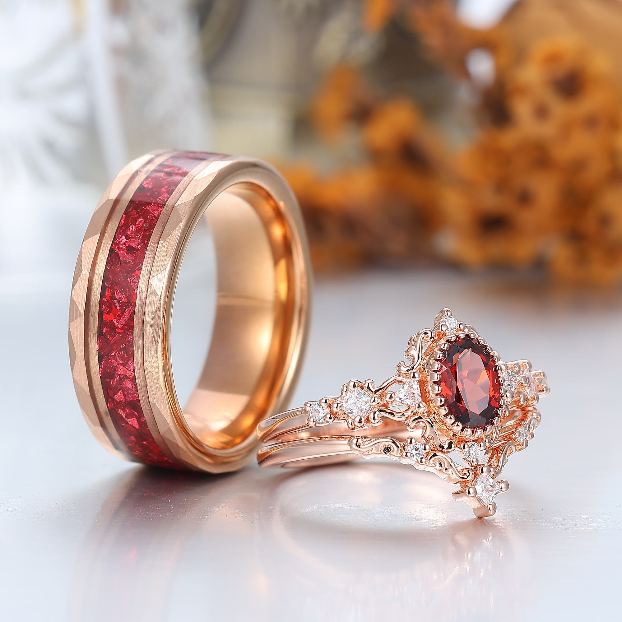 Baroque-inspired Oval Cut Natural Red Garnet His And Hers Rings
