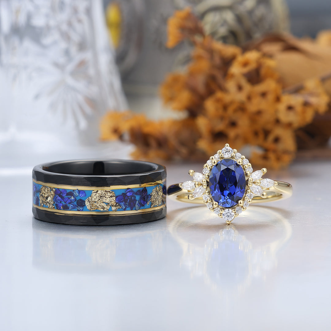 Ensemble personnalisé de couples avec bague cluster de fiançailles en saphir bleu antique et bagues assorties en tungstène
