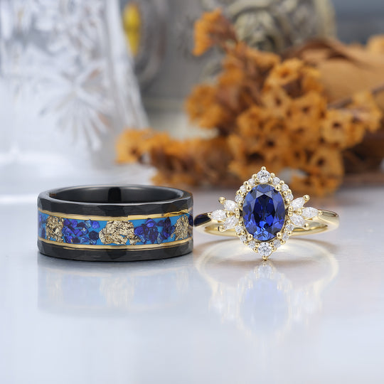 Ensemble personnalisé de couples avec bague cluster de fiançailles en saphir bleu antique et bagues assorties en tungstène