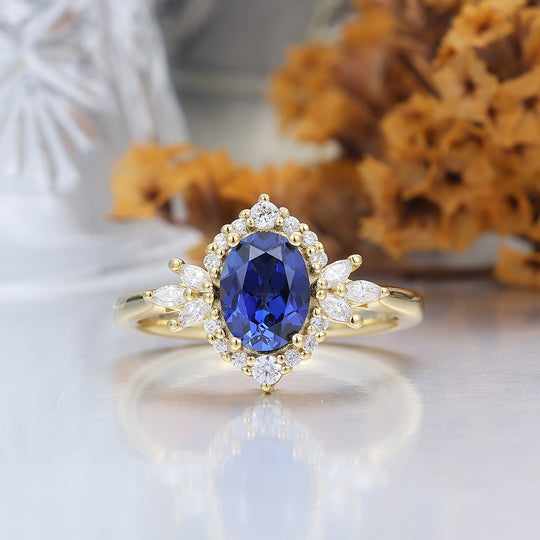 Ensemble personnalisé de couples avec bague cluster de fiançailles en saphir bleu antique et bagues assorties en tungstène
