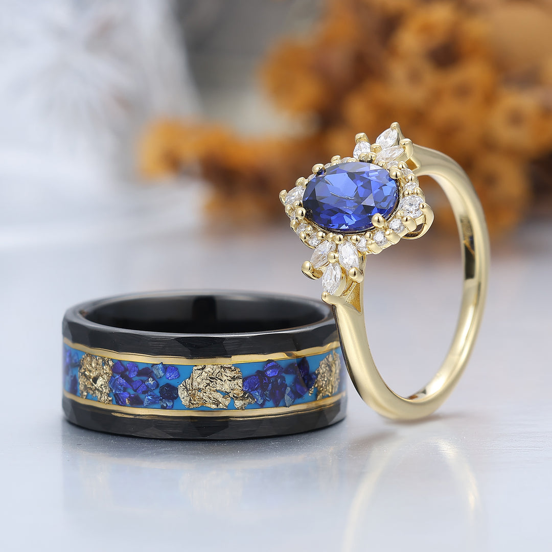 Ensemble personnalisé de couples avec bague cluster de fiançailles en saphir bleu antique et bagues assorties en tungstène