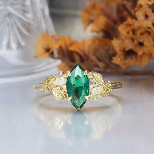 Handgemaakte Bladrankring Met 1 ct Marquise Smaragd, Verlovingsring Voor Vrouwen, Natuurgeïnspireerde Trouwring