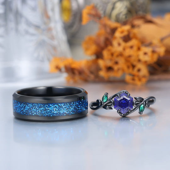Dainty Openwork Vine Galaxy Sandstone Engagement Couple Rings Matching Tungsten Anniversary Wedding Ring