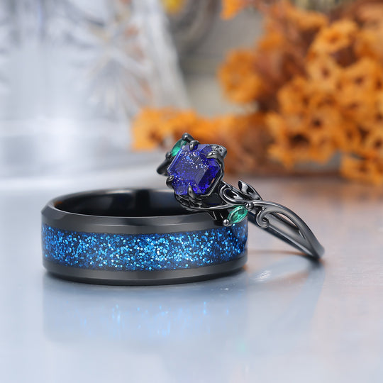 Dainty Openwork Vine Galaxy Sandstone Engagement Couple Rings Matching Tungsten Anniversary Wedding Ring