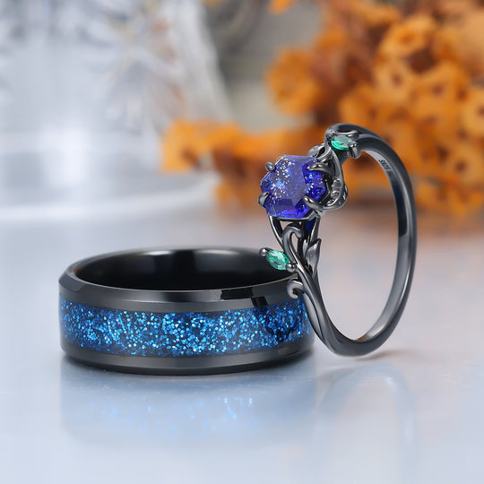 Dainty Openwork Vine Galaxy Sandstone Engagement Couple Rings Matching Tungsten Anniversary Wedding Ring