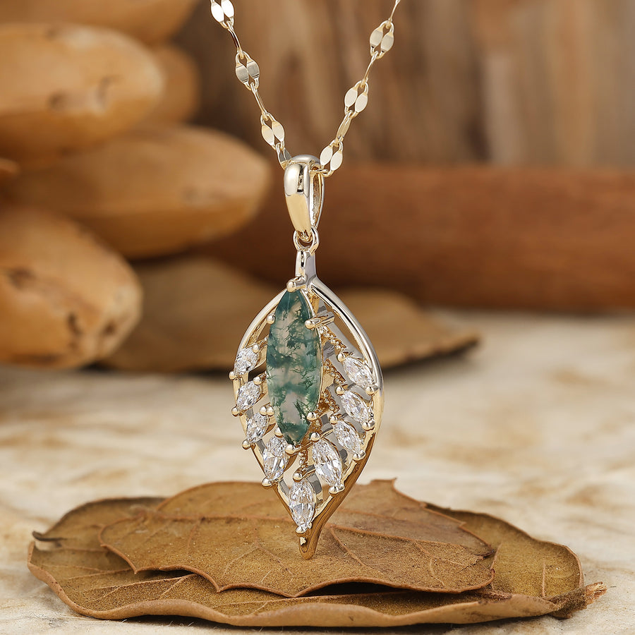925 Silber Marquise Natürlicher Moosachat Feder-/Blatt-Design Anhänger Halskette 14K Gold Halskette für Damen