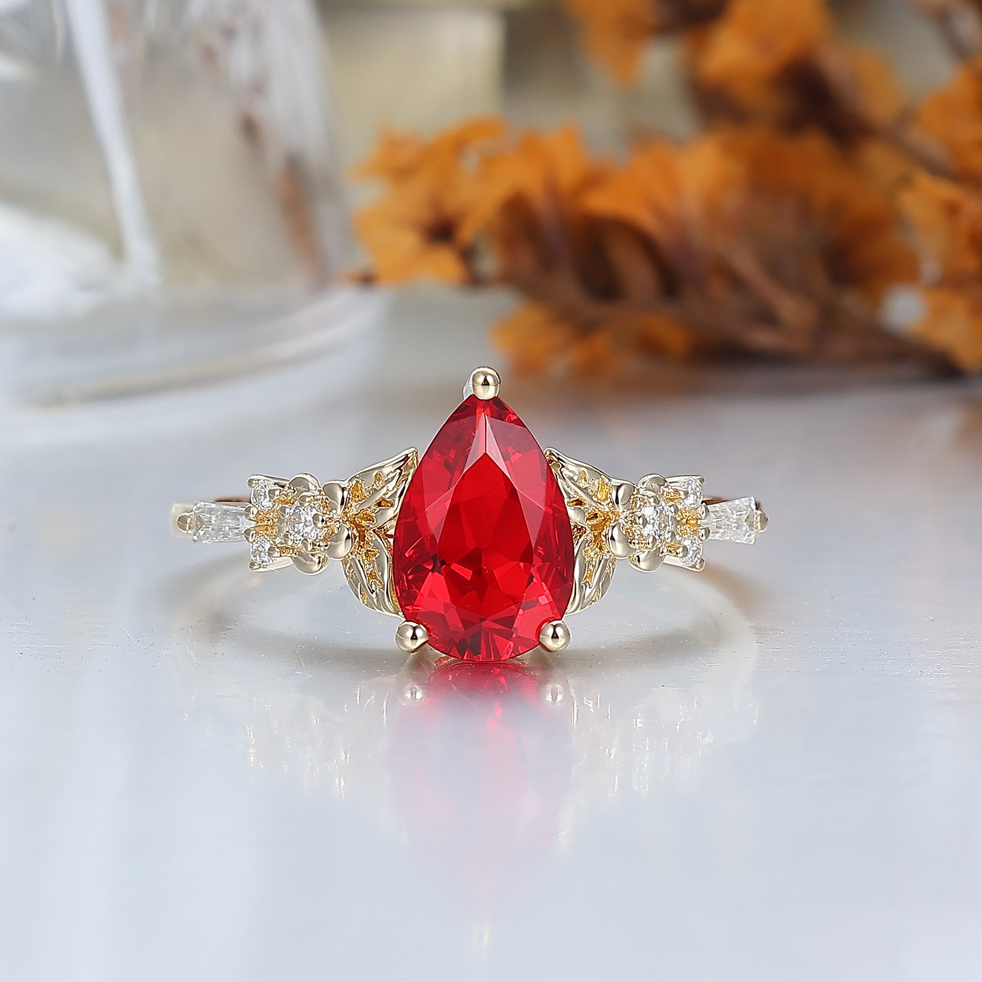 Art Deco 1.5CT Pear Cut Ruby Engagement Ring Leaf Floral Engraved Women Ring -  Esdomera.com