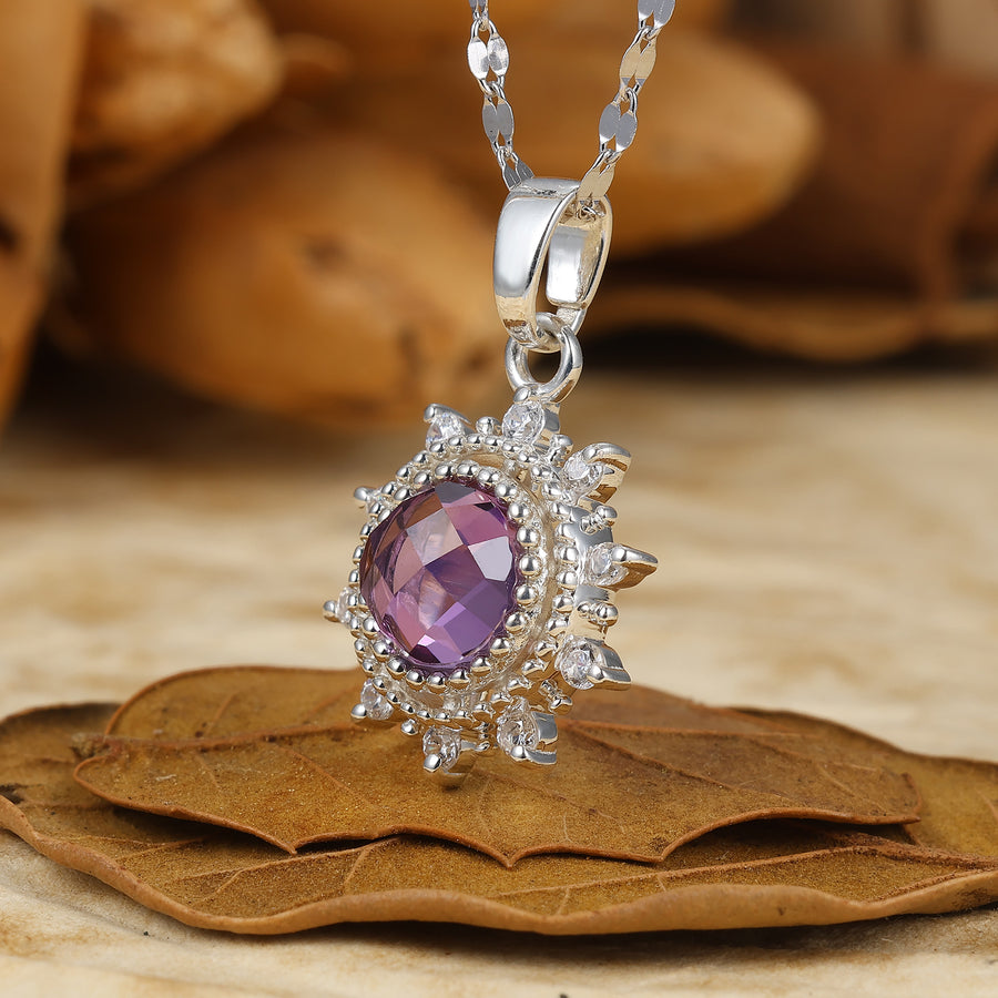 Delicat pendentif rond taille améthyste halo soleil collier en or 14 carats
