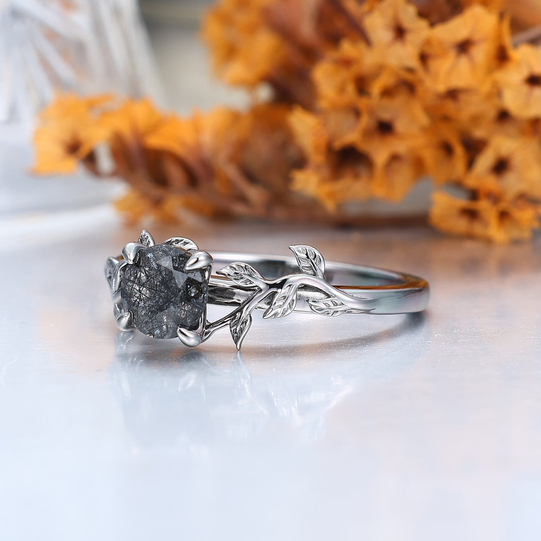 Solitaire 0.8CT Round Cut Natural Black Rutilated Quartz Engagement Couples Ring Set