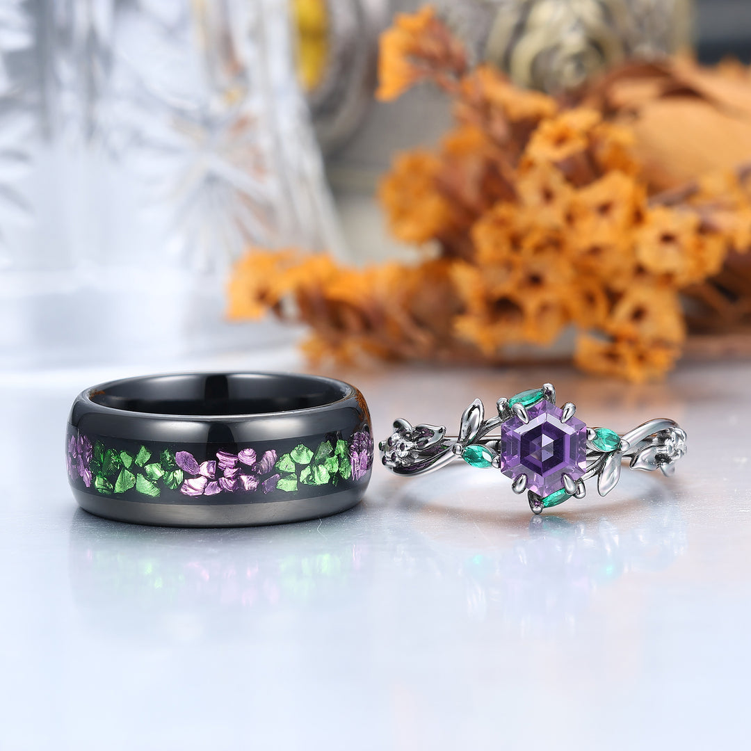 Bague assortie pour lui et elle en améthyste avec design de feuille de branche, bague de couple inspirée par la nature