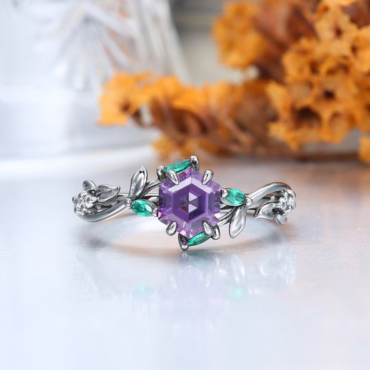 Bague assortie pour lui et elle en améthyste avec design de feuille de branche, bague de couple inspirée par la nature