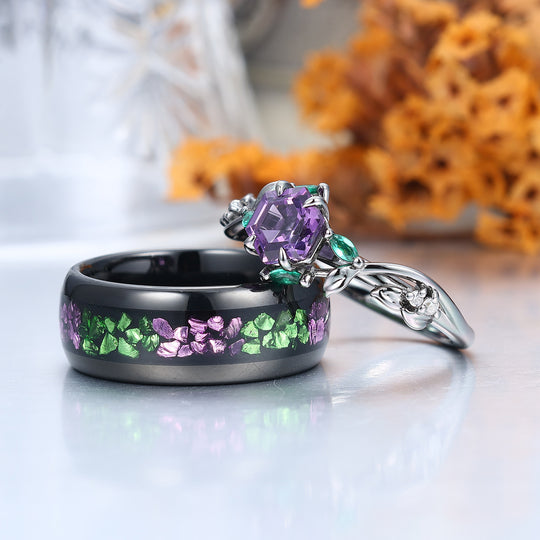 Bague assortie pour lui et elle en améthyste avec design de feuille de branche, bague de couple inspirée par la nature