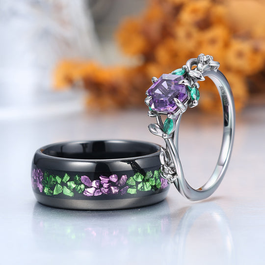 Bague assortie pour lui et elle en améthyste avec design de feuille de branche, bague de couple inspirée par la nature