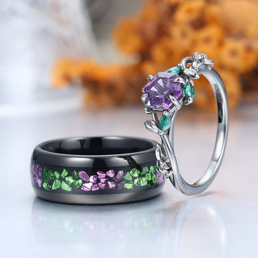 Bague assortie pour lui et elle en améthyste avec design de feuille de branche, bague de couple inspirée par la nature