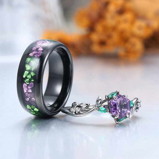 Bague assortie pour lui et elle en améthyste avec design de feuille de branche, bague de couple inspirée par la nature