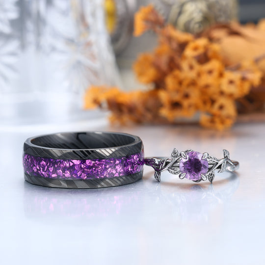 Ensemble de bagues de fiançailles pour couples en améthyste naturelle taille ronde 0,8CT feuille