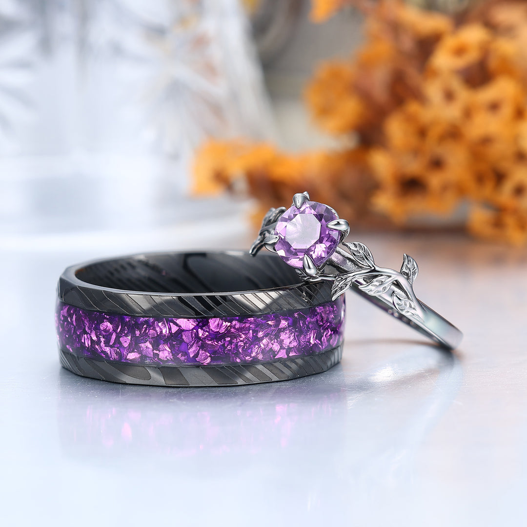 Ensemble de bagues de fiançailles pour couples en améthyste naturelle taille ronde 0,8CT feuille